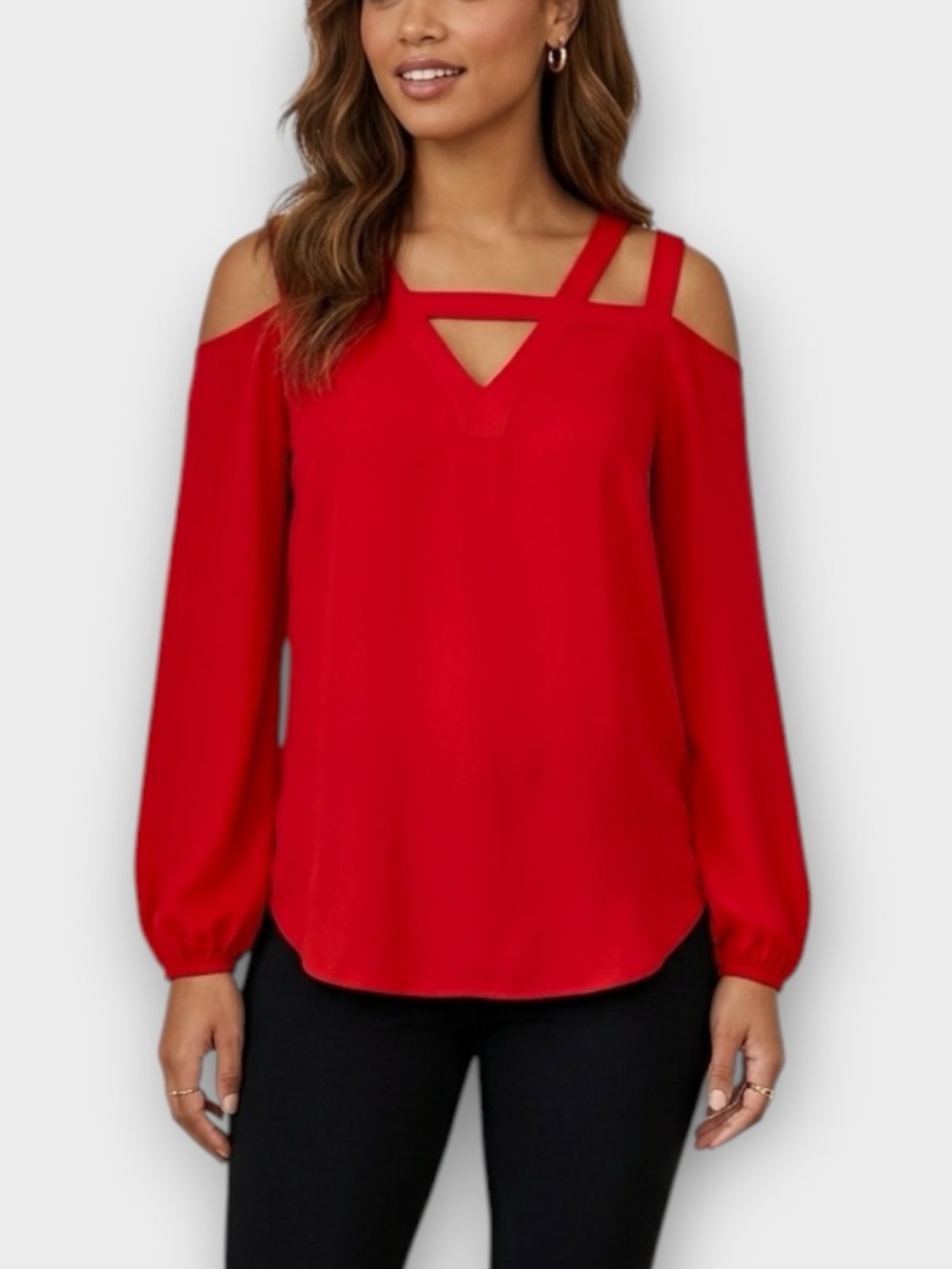 BCBGMAXAZRIA Red Strappy Cold Shoulder Long Sleeve Blouse Top Women’s XS